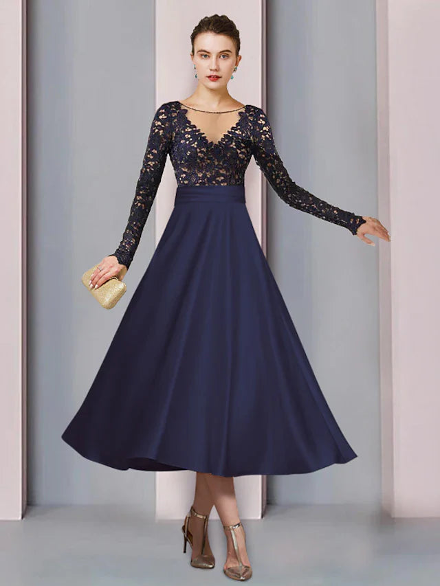 Wholesale A-Line Mother of the Bride Dress Wedding Guest Elegant Scoop Neck Tea Length Satin Lace Long Sleeve with Pleats Beading Appliques